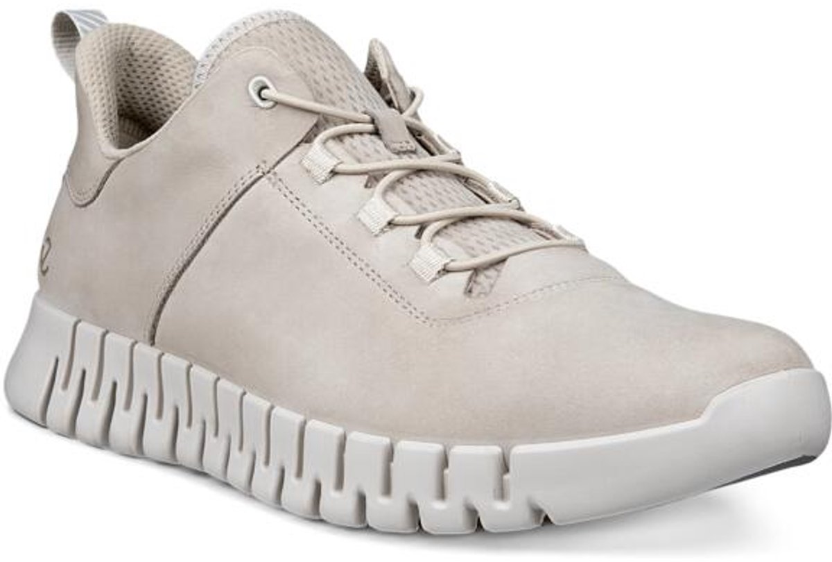 lichtkleurige sneaker, luxe/vrijgestelde sneaker, veters, gebreide voering, rubberen zool met groeven