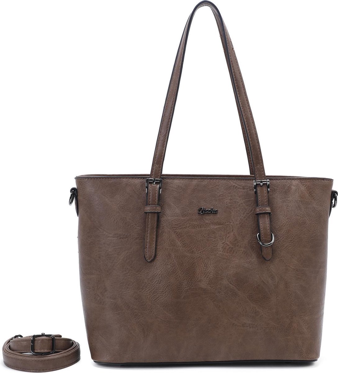 tote, handtas, bruin, leder, riemdetails