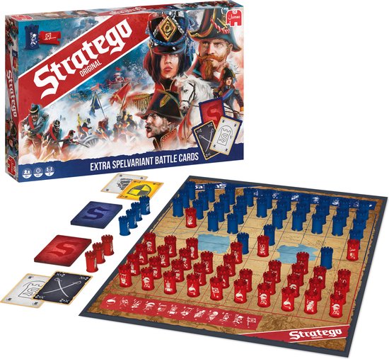 board game, strategy game, battle cards, red/blue pieces, grid board