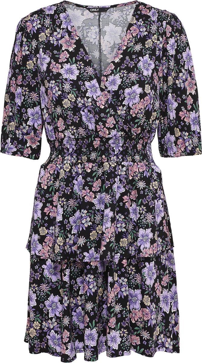 bloemenprint, wrapjurk, mouwenkorte, zwarte achtergrond, korte jurk