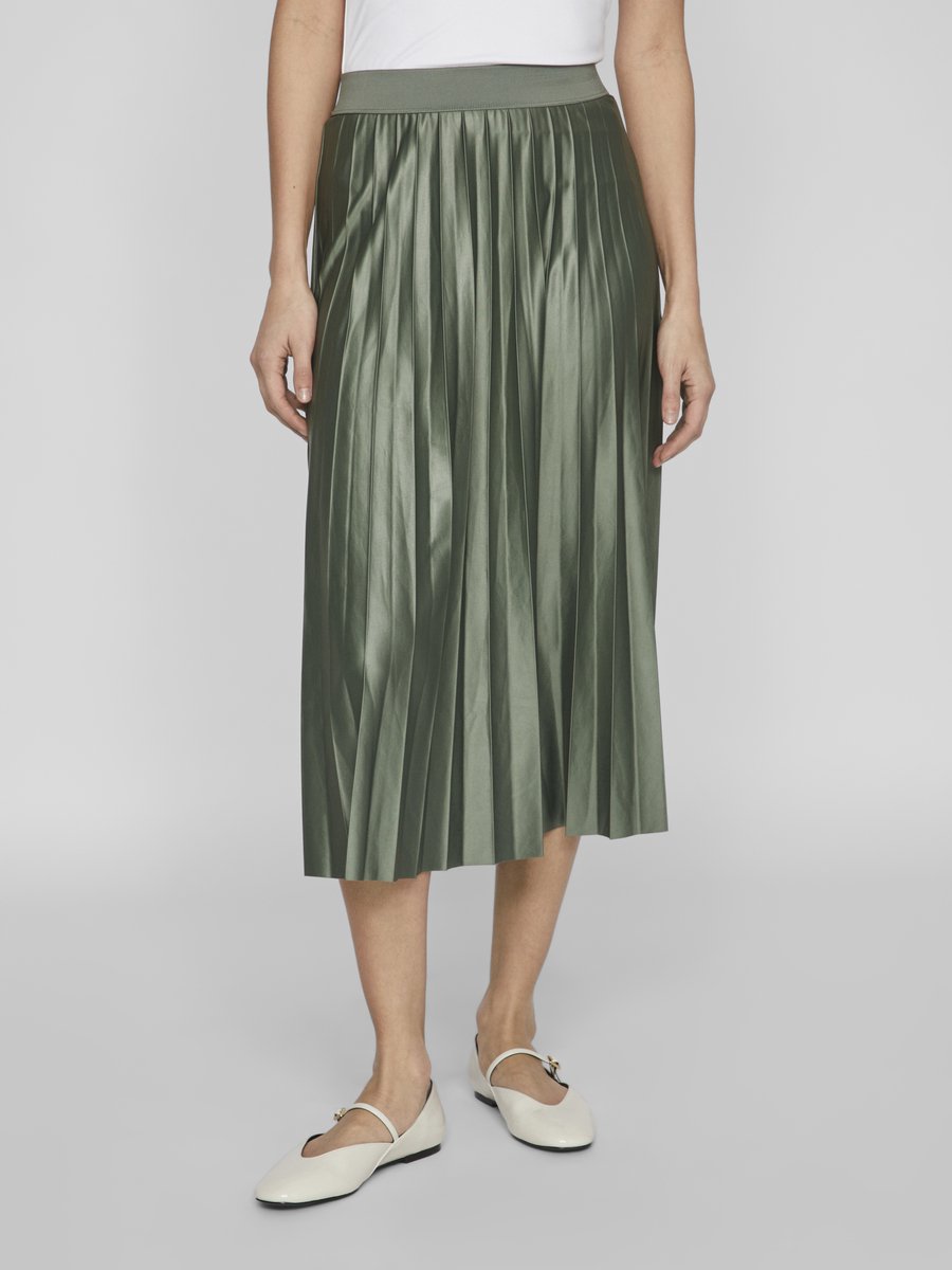 groene rok, plissé, middellange rok, plissé rok, glanzende stof