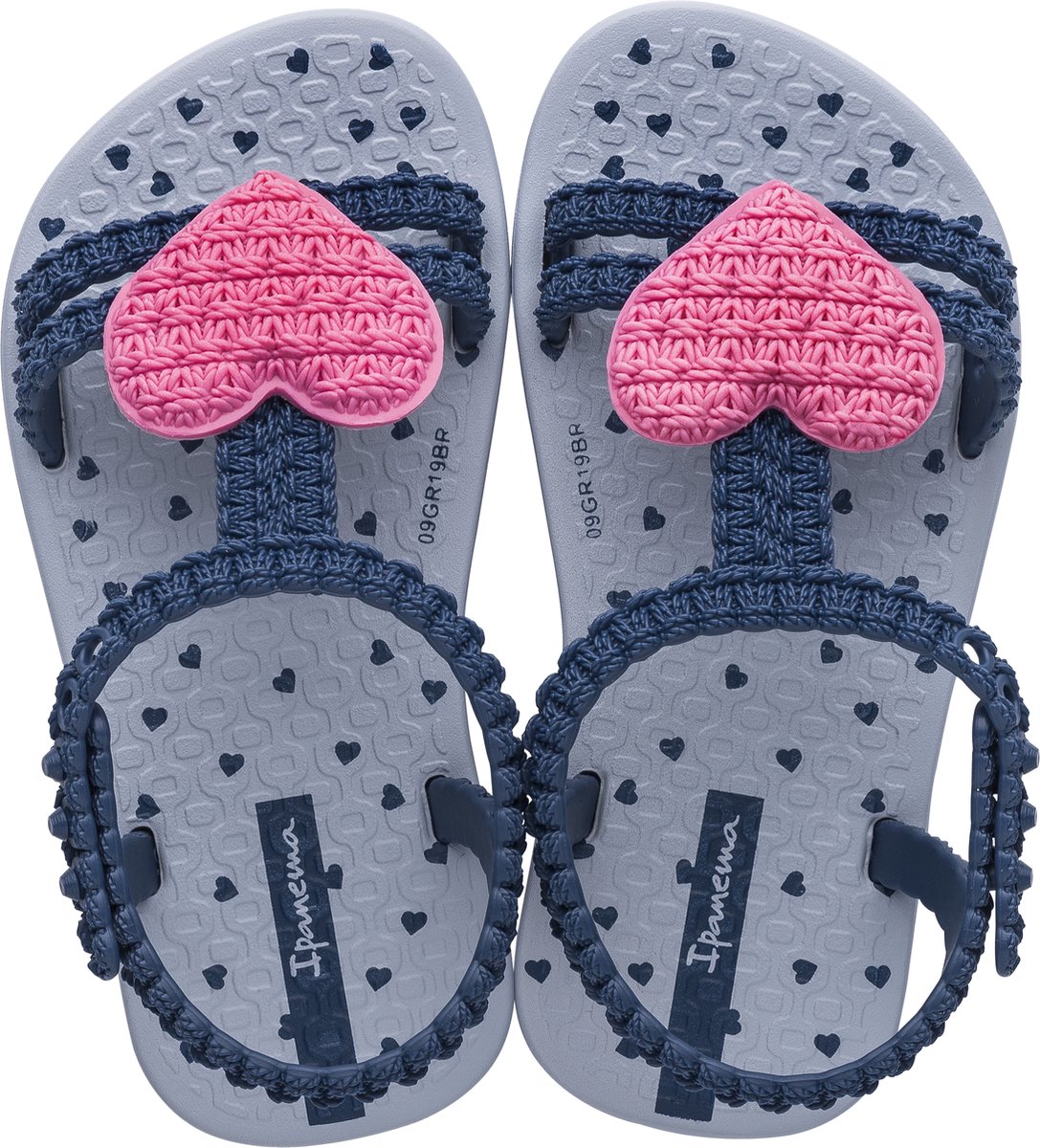 sandalen, flip-flops, hartvorm, gehaakte band, grijze ondergrond