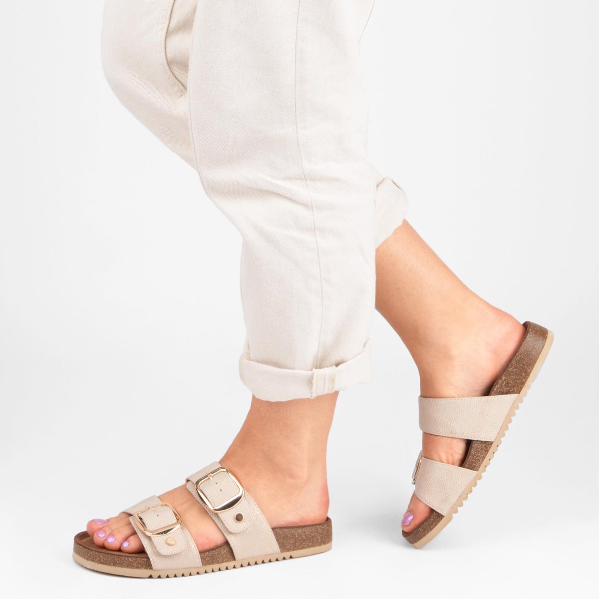 PS Poelman CURA Dames Faux PU Imitatie - Maat 40 - Leren Sandalen met Gespen - Metallic Licht Beige