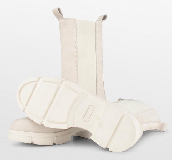 PS Poelman Kimmy - Maat 38 - Dames Leren Chunky Chelsea Enkellaarzen met Elastiek - Beige Crème Wit