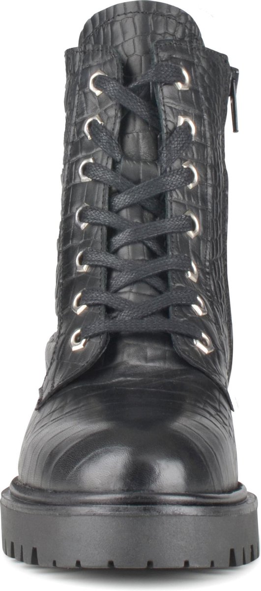PS Poelman - Maat 39 - Leta Dames Leren Enkellaarzen met Veters en Rits - Zwart Croco Print