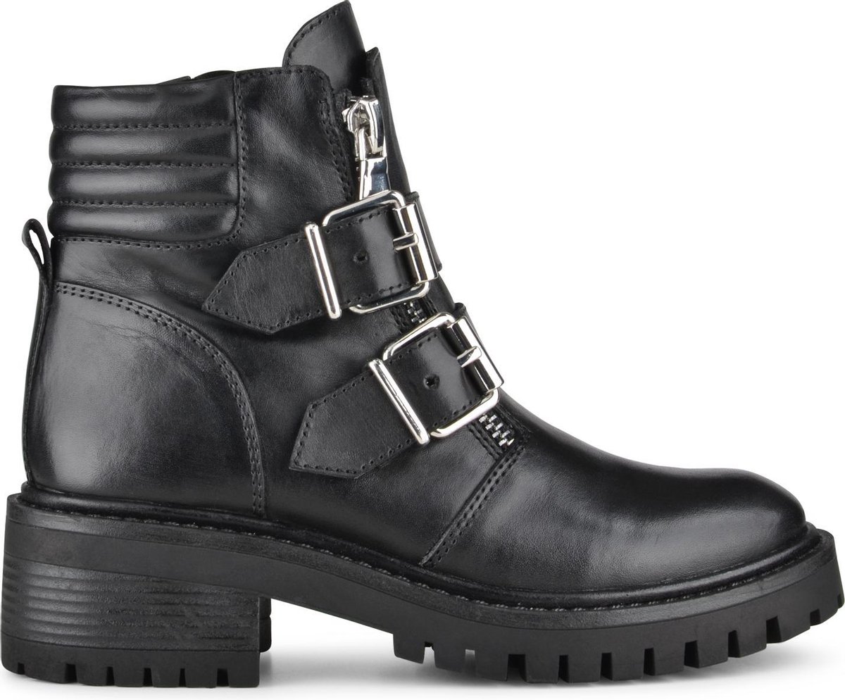 PS Poelman Klara Dames Leren Chunky Biker Boot  - mt 41 - met Gespen en Ritssluiting - Zwart