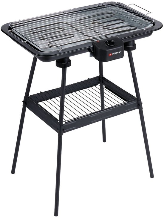 alpina Elektrische BBQ 2-In-1 2200W - Electrische BBQ Tafelmodel met Thermostaat - Elektrische Grill met Warmhoudfunctie - Tafelgrill Electrisch met Verstelbaar Rooster - 51 x 30 cm - Zwart