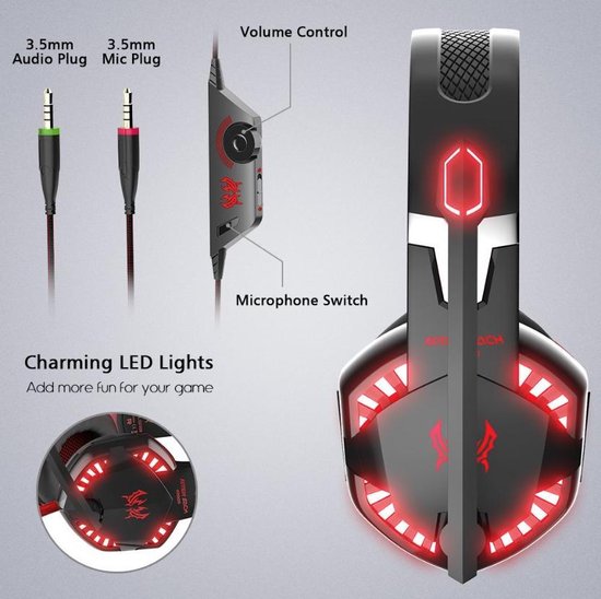 KOTION EACH Gaming Headset - Windows - Zwart/Rood
