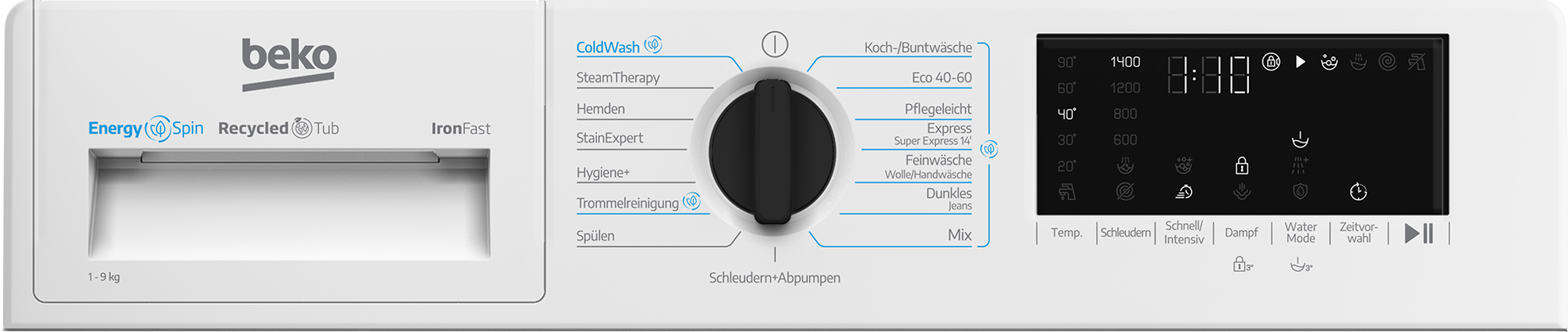 wasmachine, voorkantlader, stoomtherapie, knop, bedieningspaneel