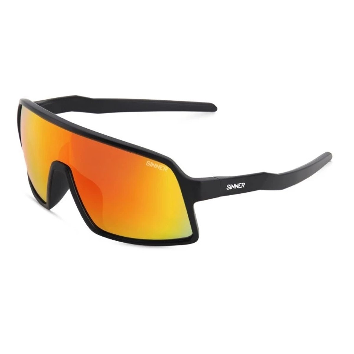 zonnebril, sportieve bril, oranje spiegelglas, volledig omlijst, kunststof montuur