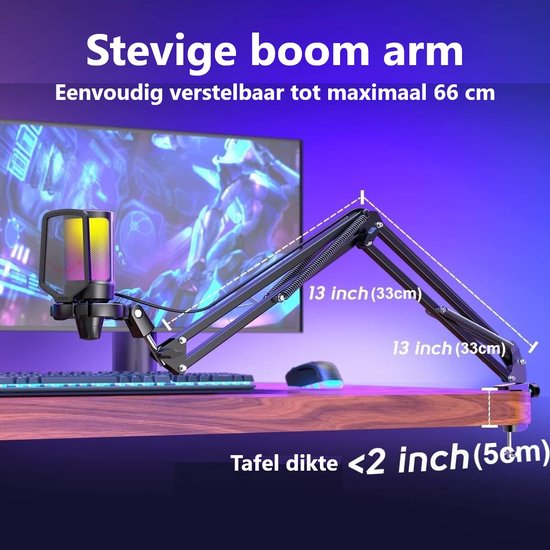 A6T - USB Gaming Microfoon - PC-Gaming Met Arm ( 66cm! ) - Geschikt voor PC/PS4/PS5 - RGB - Podcast