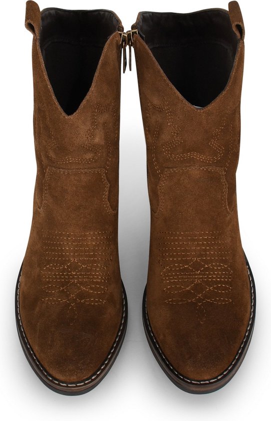 ankleboots, suede, bruin, western, stiksel