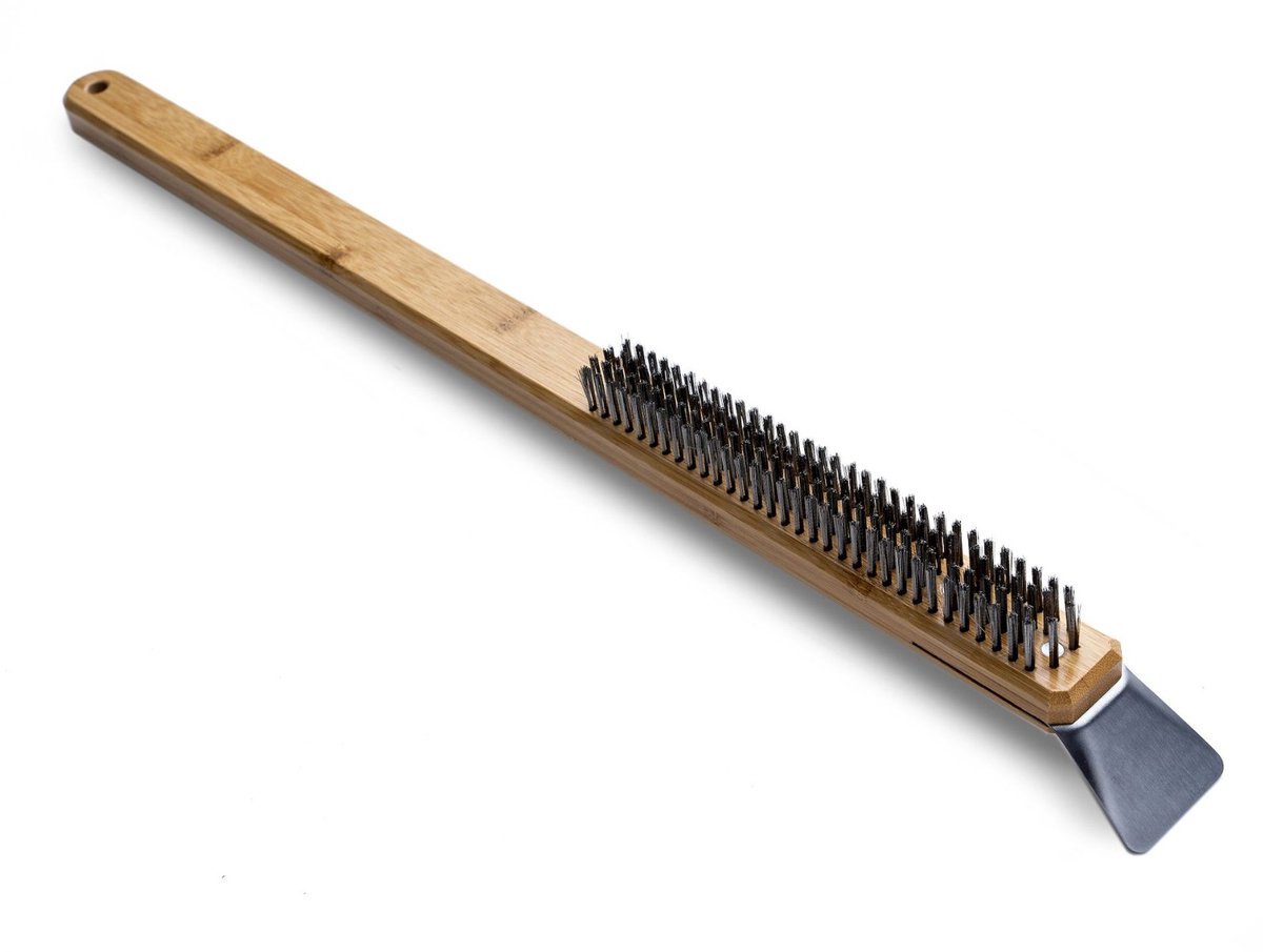 borstel, steen/ijzerborstel, houten steel, metalen haren, kook-/baktool