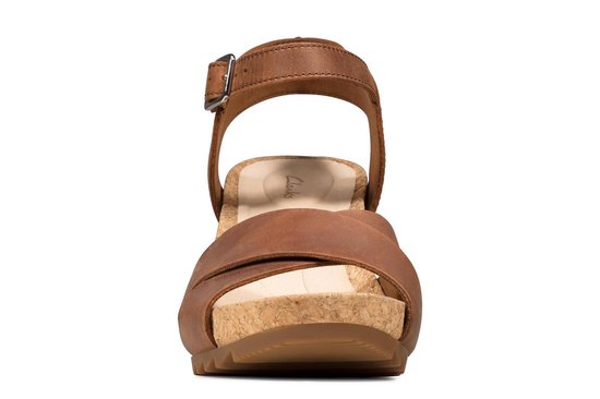 sandalen, sandale, korkzool, sleehak, bruine