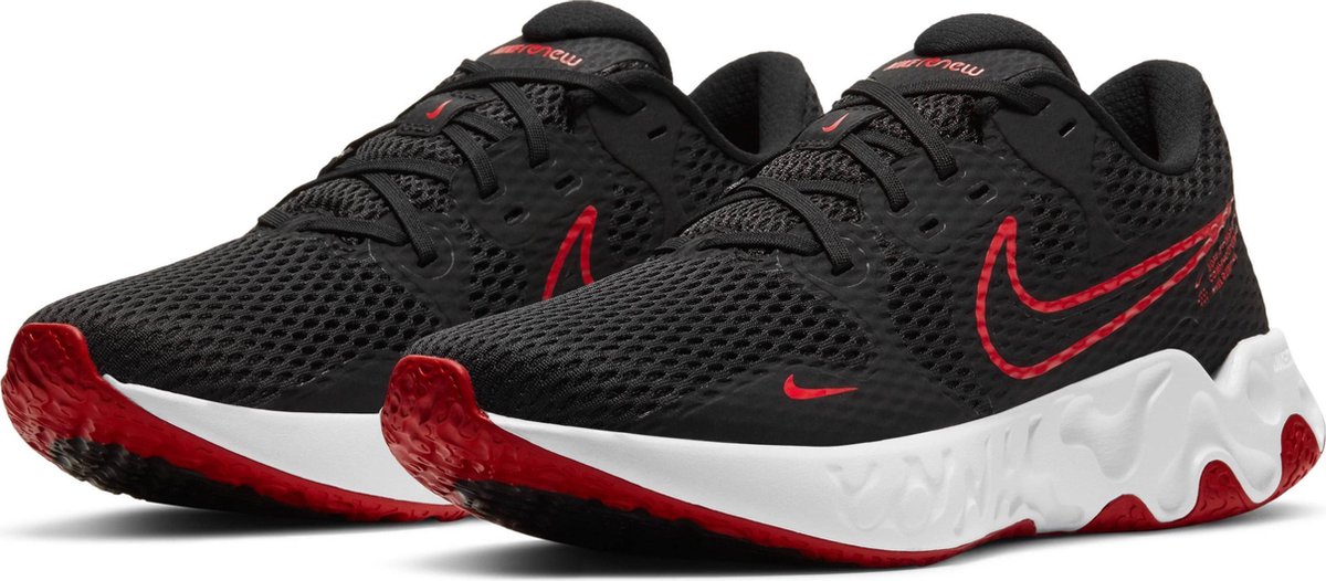 sneakers, athletic shoes, black mesh, red accents, white sole