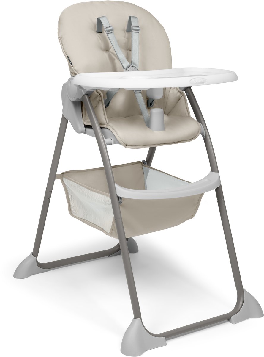 hoge stoel, babystoel, witte kunststof tray, frame van staal, verstelbare rugleuning