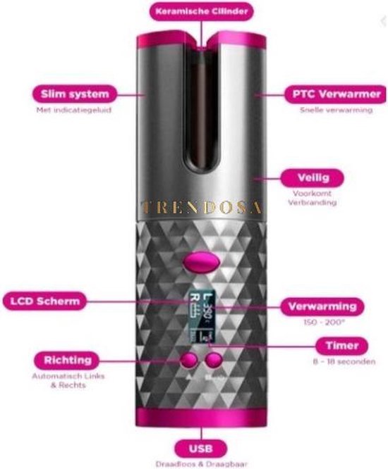 Trendosa Automatische krultang-draadloze krultang-Usb oplaadbaar- kerstcadeau- haar clips,kam en haa