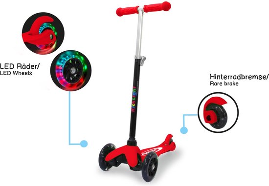 driewieler, loop/scooter, LED wielen, rode kleur, kinderdriewiel