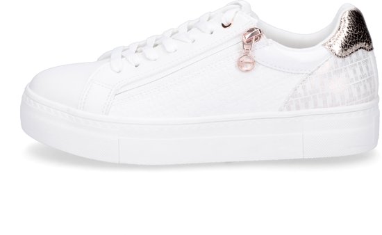 witte sneaker, platform sneaker, zijpaneel rits, cobraal glitter detail, platvoetbed