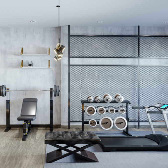 Fitness apparatuur, Gym wandrekken, Dumbbells, Treadmill, Bank (bankje)