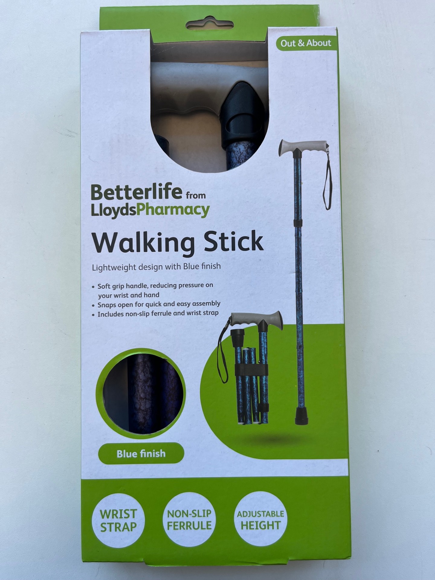 Walking stick, Blue finish, Wrist strap, Non-slip ferrule, Adjustable height