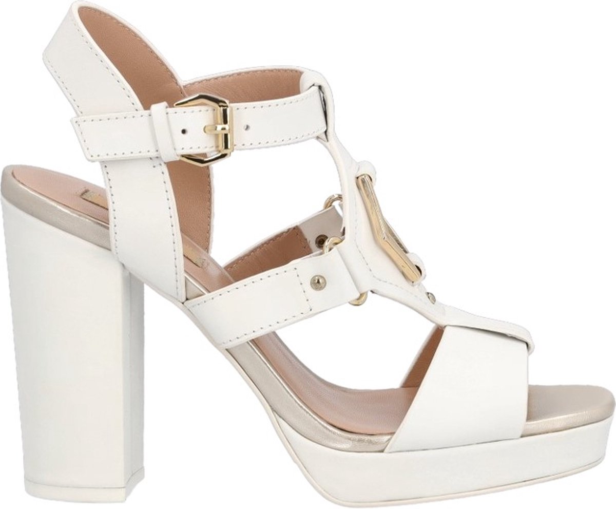 sandals, high heel, white color, golden buckle, block heel