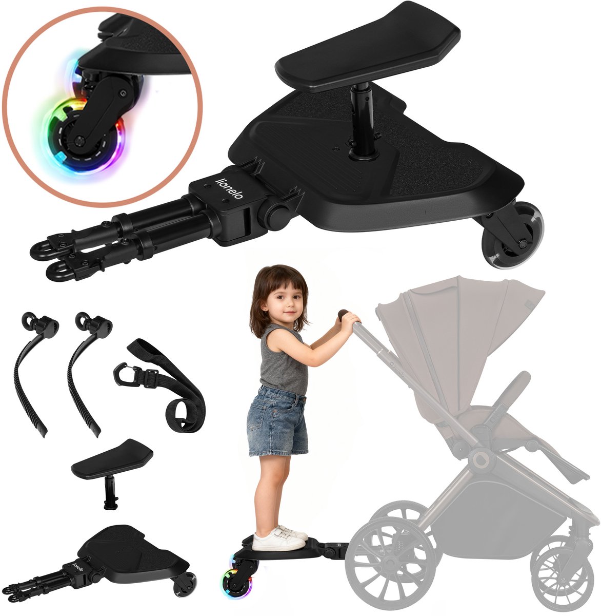 wandelwagen stijl, kinder loopfiets, footboard, LED wielringen, afneembare armsteun