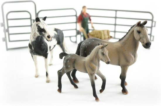 JollyHorses: Quarter Horse Bay + Palomino paard + veulen + hek + boer + accessoires (handgeschilderd