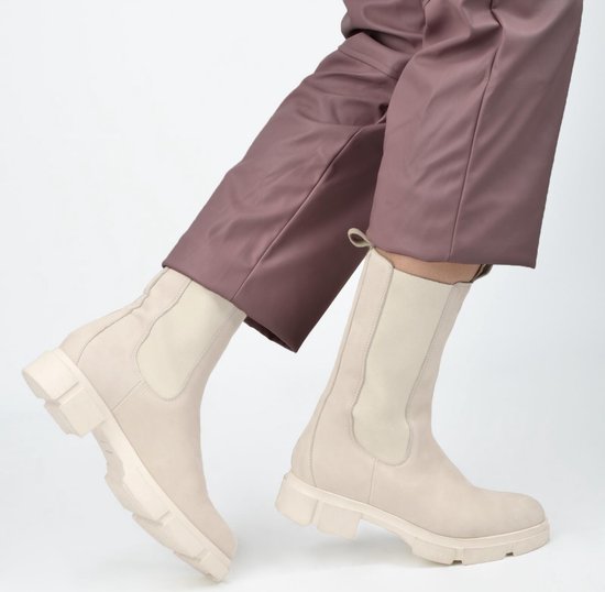 PS Poelman Lynn - Maat 36 - Dames Nubuck Leren Chelsea Enkellaarzen met Elastiek - Licht Beige Taupe
