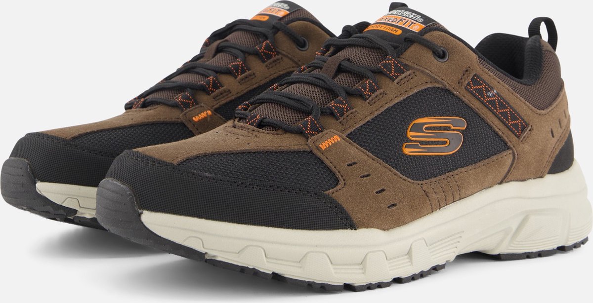 sneaker, hiking, bruin, oranje accenten, mesh suède