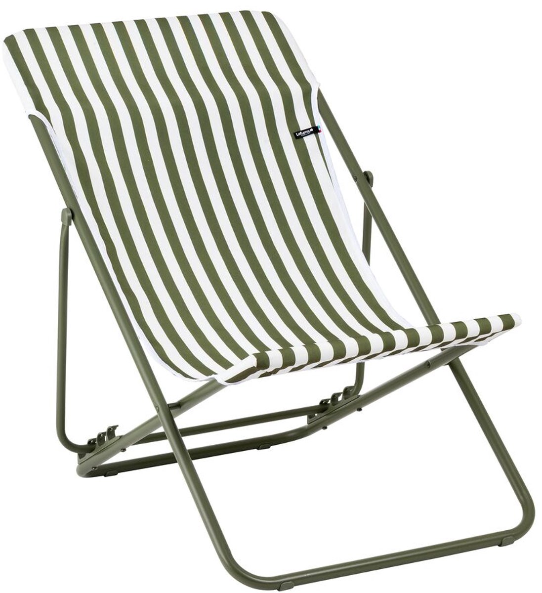 strandstoel, ligstoel, groene strepen, gekruiste frame, canvas stof