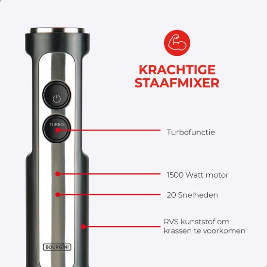 Bourgini Staafmixer - 4-delige Krachtige RVS Staafmixer set -20 snelheden - Garde - Hakmolen 600ml - Maatbeker 800ml - 1500W