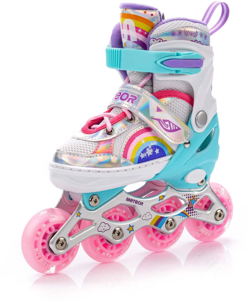 roze wieltjes, skates, knielaar, regenboogpatroon, tweekleurige band