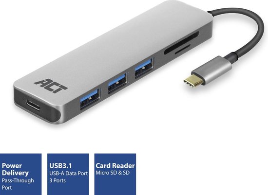 ACT USB C Hub – 3-port USB 3.0 – 1-port USB C 55W PD – Micro SD/TF Kaartlezer - Premium aluminium be