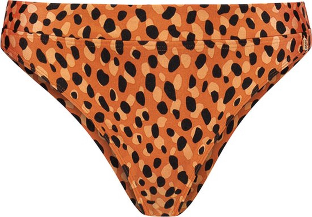 bikini bottom, swimwear, orange leopard pattern, hipster bikini, patterned bottom