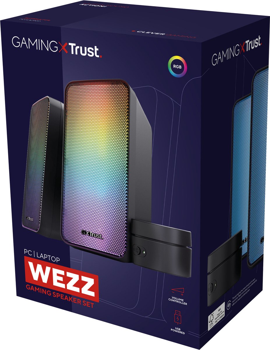 gaming speaker, RGB lighting, USB powered, volume controller, headset stand