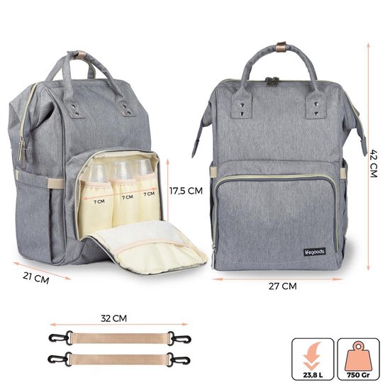 LifeGoods Luier- en Verzorgingstas - 23.8 Liter - Met Kinderwagen en Buggy Haak - Grijs