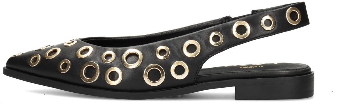 sandalen, open-toe, sleehak, gouden rings, gatenaccessoires