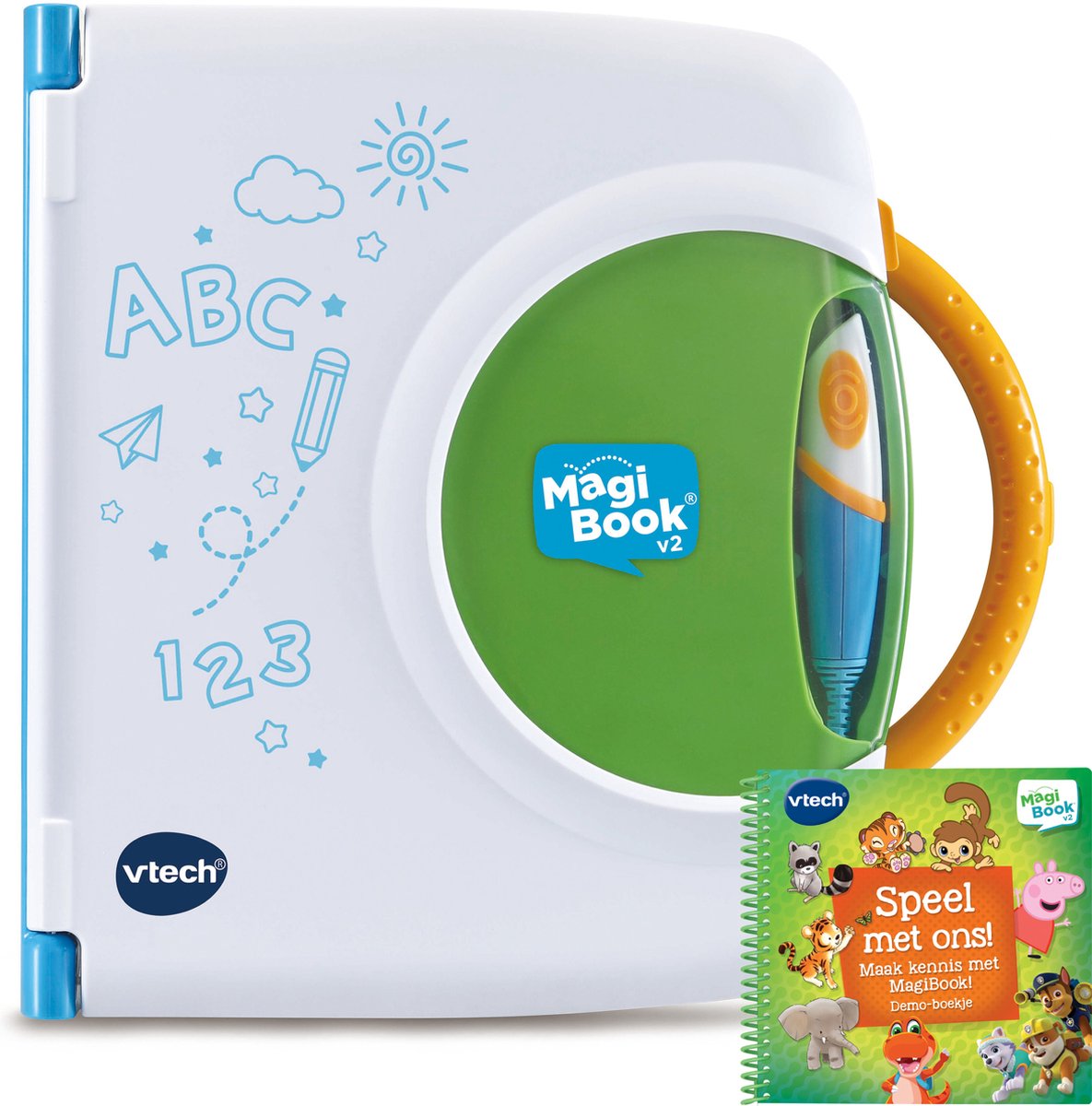 schoolbook, educational, green panel, orange handle, pen accessory