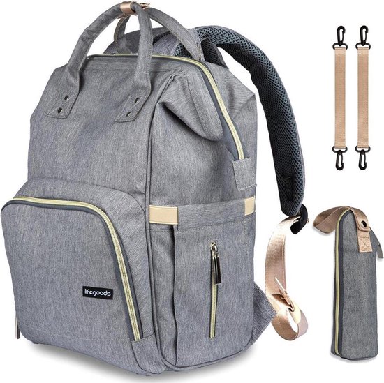 LifeGoods Luier- en Verzorgingstas - 23.8 Liter - Met Kinderwagen en Buggy Haak - Grijs