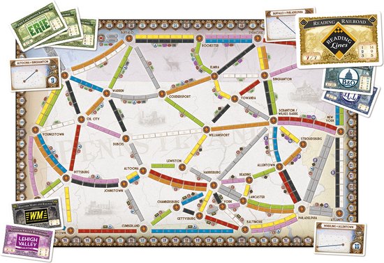 bordspel, treinkaart, gekleurde sporen, spelbord, tokens