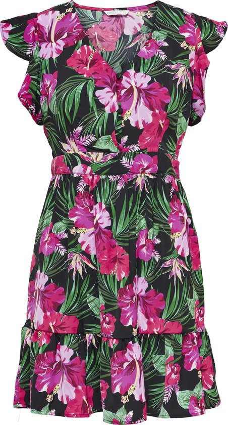 Only Maat M Jurk Onllinda Capsleeve V-neck Dress Cs 15256255 Black/exoctic Jungle Dames Maat