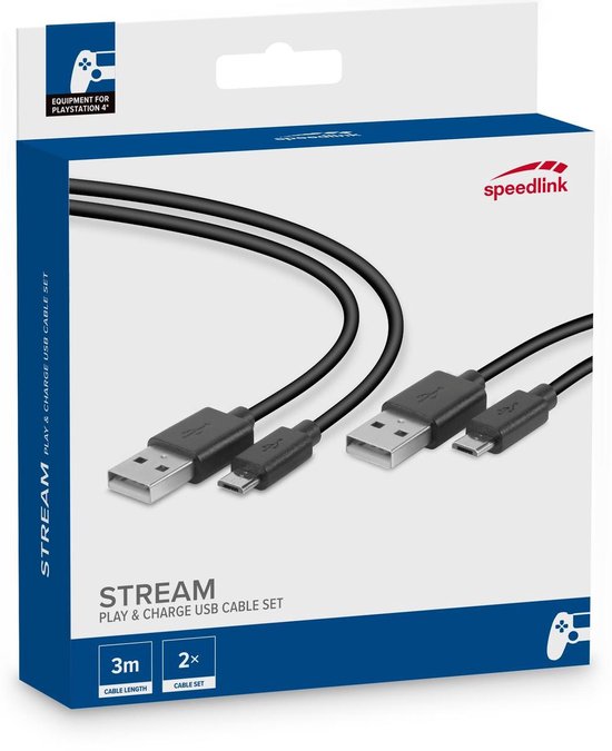Speedlink, Stream Play & Charge USB Kabel Set voor PS4 (Zwart)