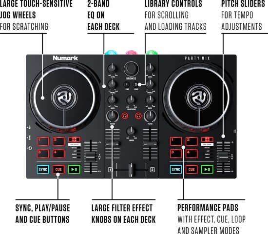Numark Party Mix II - DJ-controller / DJ-set voor beginners met ingebouwde DJ-verlichting en DJ-mixe