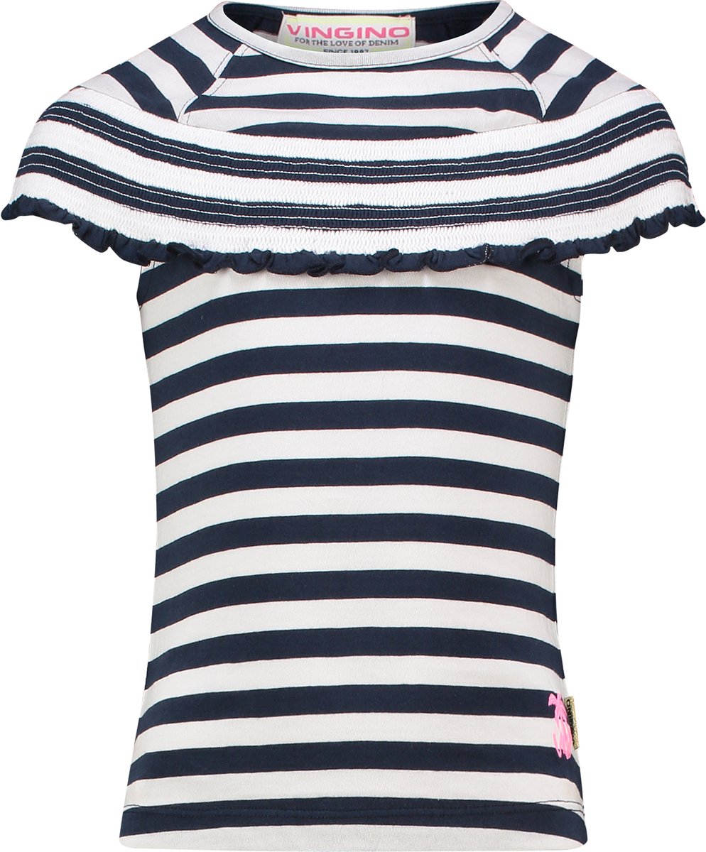 t-shirt, gestreept, marineblauw, wit, bovenmatige-shoulder
