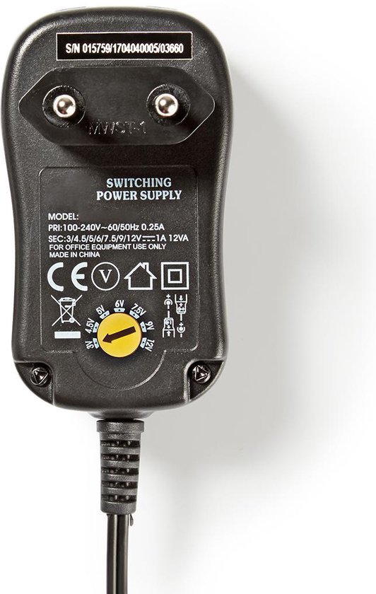 Nedis Universele AC-Stroomadapter - 12 W - 3 - 12 V DC - 1.80 m - 2.0 A - 6 plug(s) - Zwart