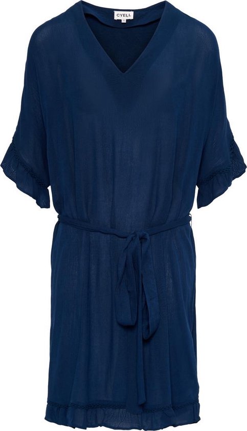 kleding, jurk, blauw, kleine mouwen, riem
