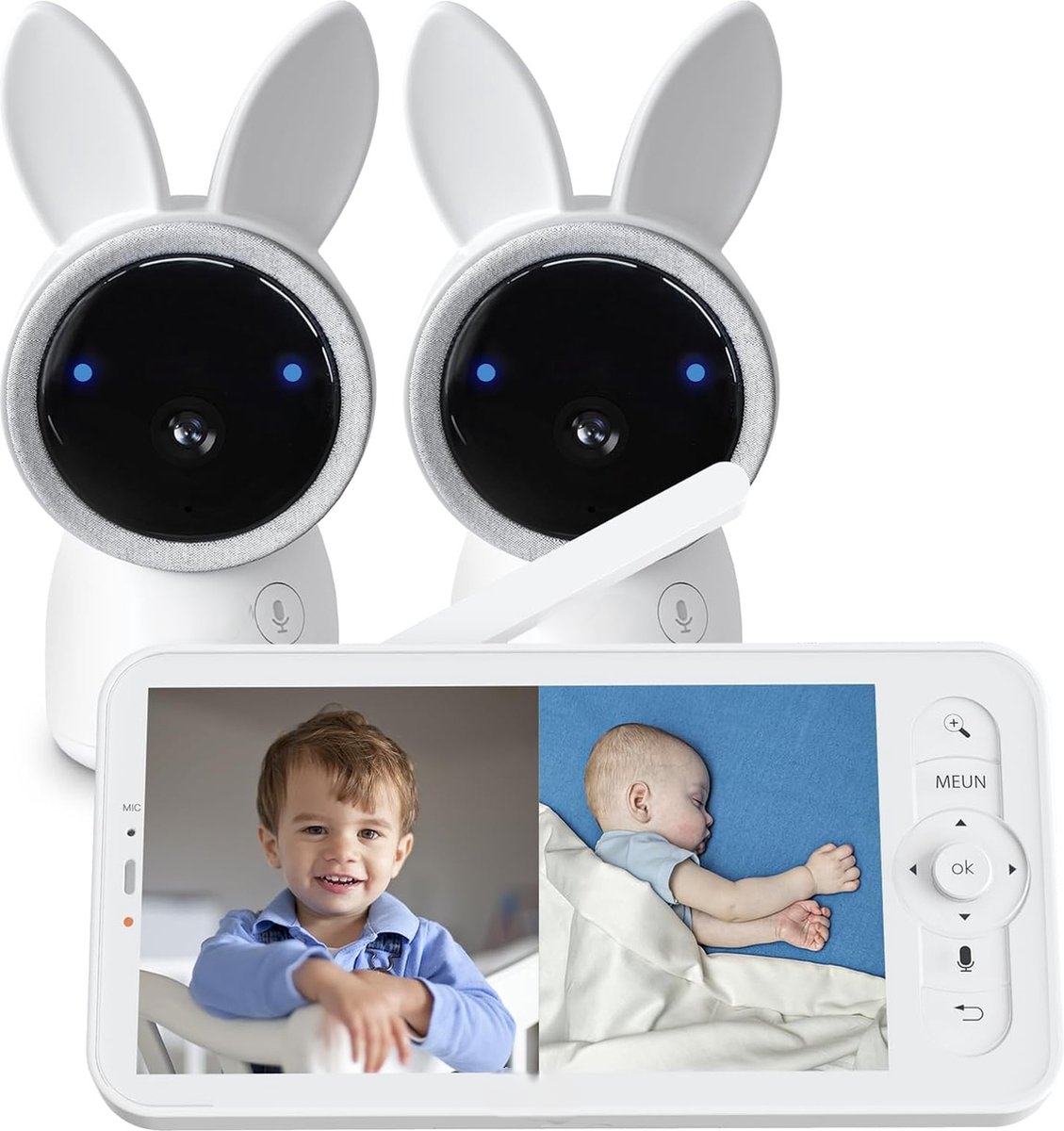 Unknown Wifi Babyfoon Met 2 Camera's Duopack - Baby Monitor - Babyfoon met 5 inch scherm - Ultra HD 2K Resolutie - Slaapliedjes - Alexa & Google