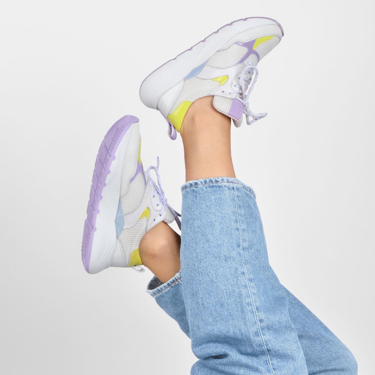 PS Poelman Cibel - 36 - Dames Leren Chunky Runner Sneaker van Mesh en Lakleer - Wit Lila Geel