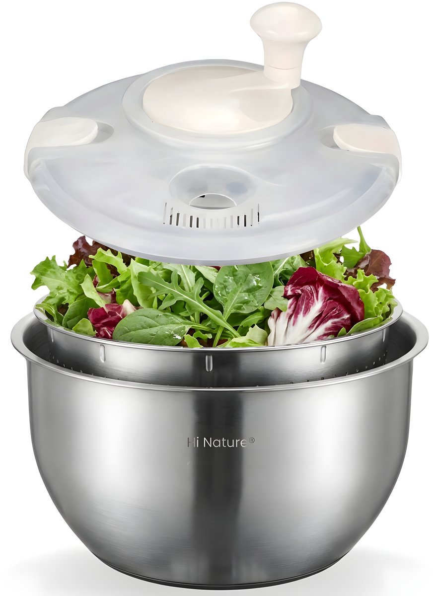 salad spinner, keukenhulpmiddel, roestvrij staal, handmatige pomp, groenten